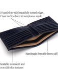 Men's leather billfold wallet, navy croc, features