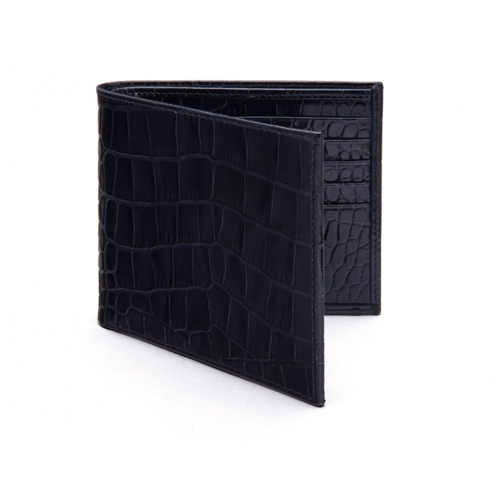 Men's leather billfold wallet, navy croc, front