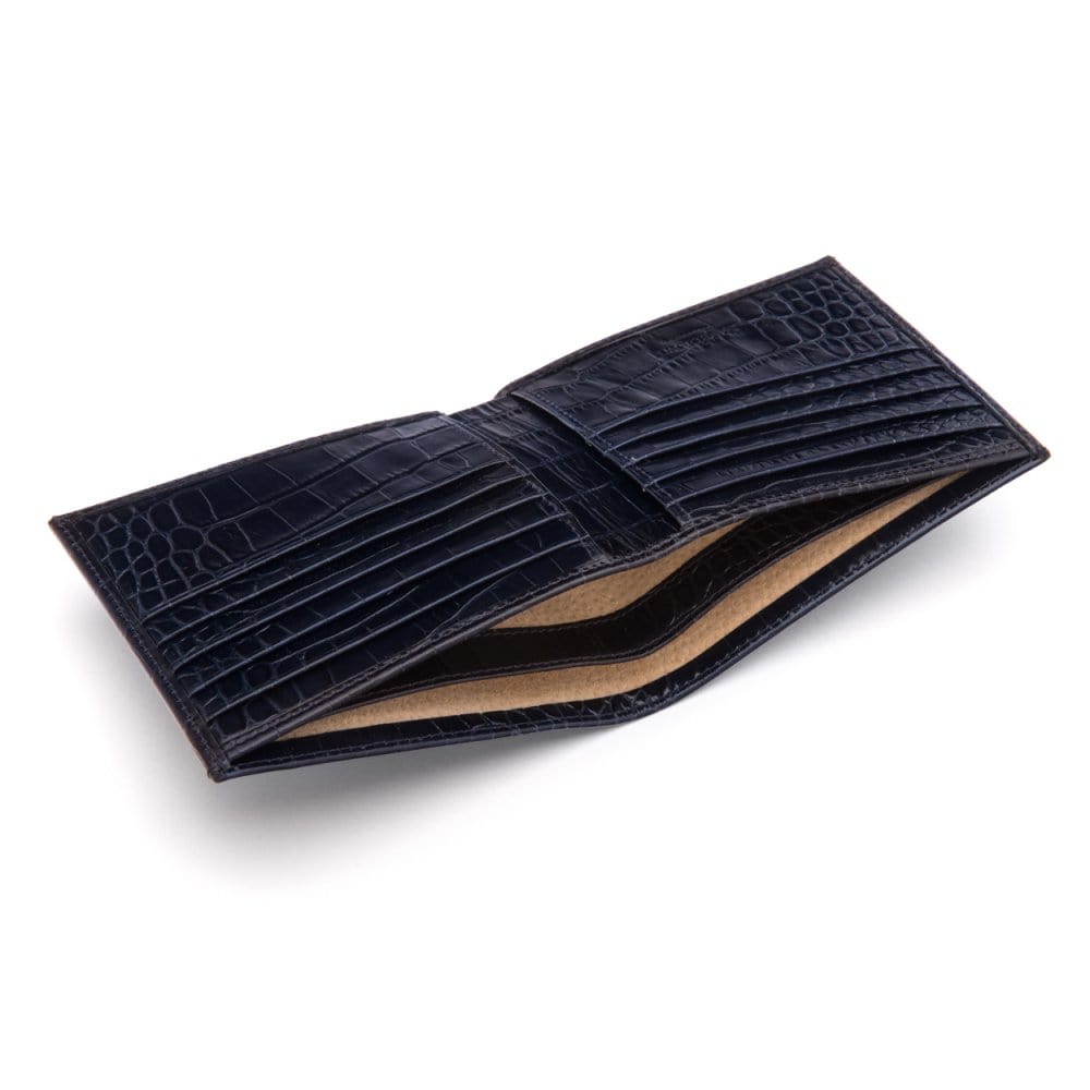 Men's leather billfold wallet, navy croc, inside