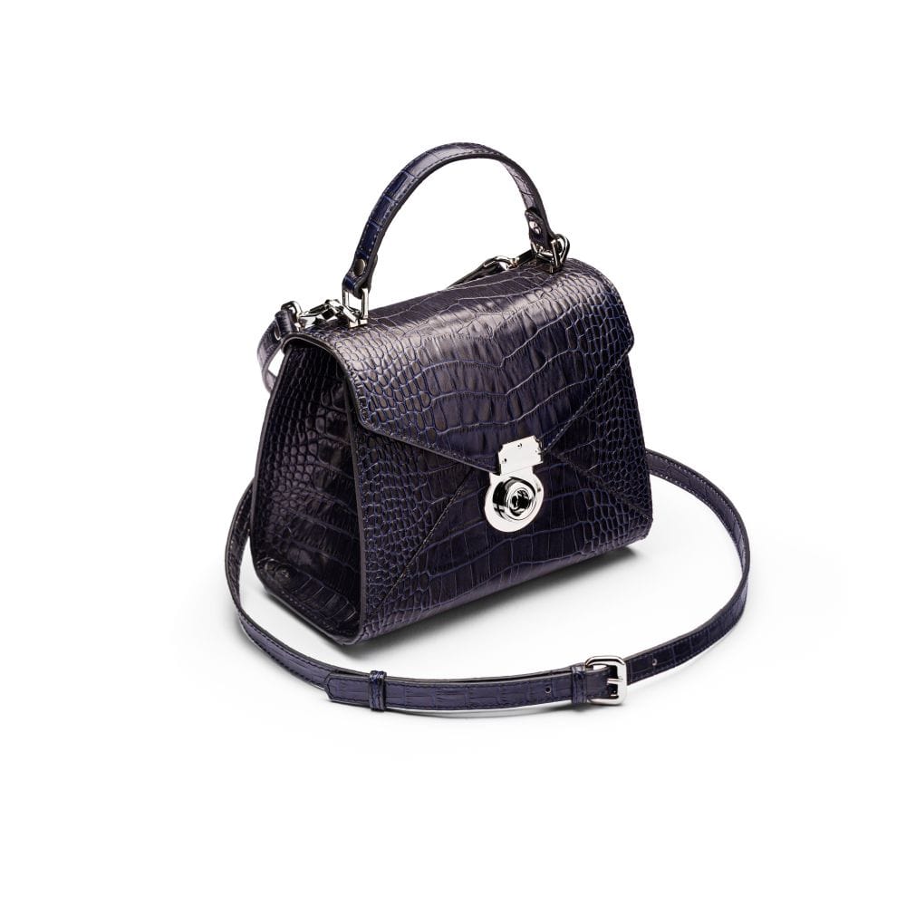 Small leather envelope bag, navy croc, side view
