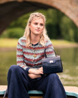 Mini leather Morgan Bag, top handle bag, navy croc, lifestyle