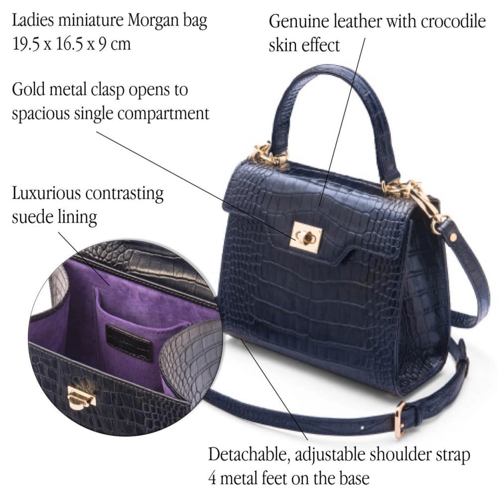 Mini leather Morgan Bag, top handle bag, navy croc, features