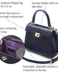 Mini leather Morgan Bag, top handle bag, navy croc, features