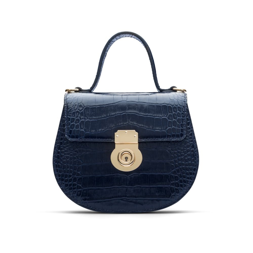 Leather rounded bottom top handle bag, navy croc, front