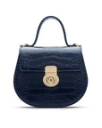 Leather rounded bottom top handle bag, navy croc, front