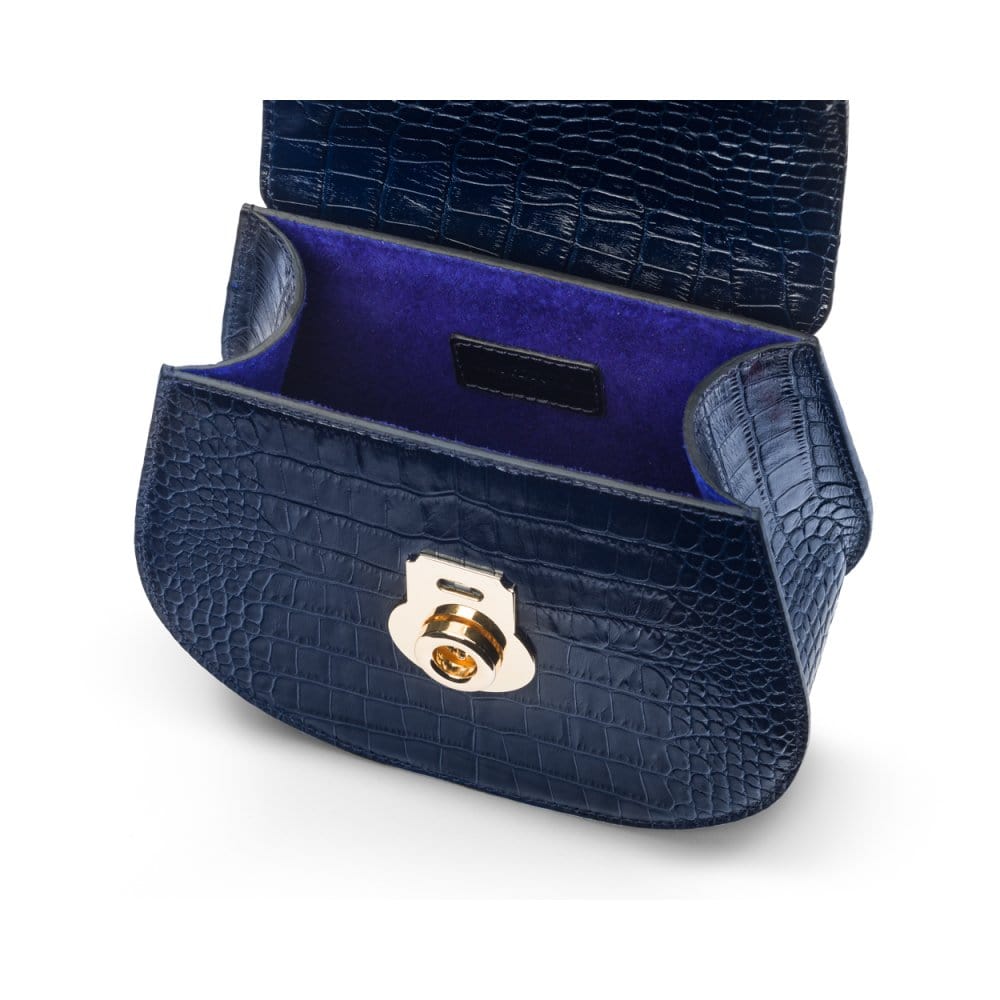 Leather rounded bottom top handle bag, navy croc, inside