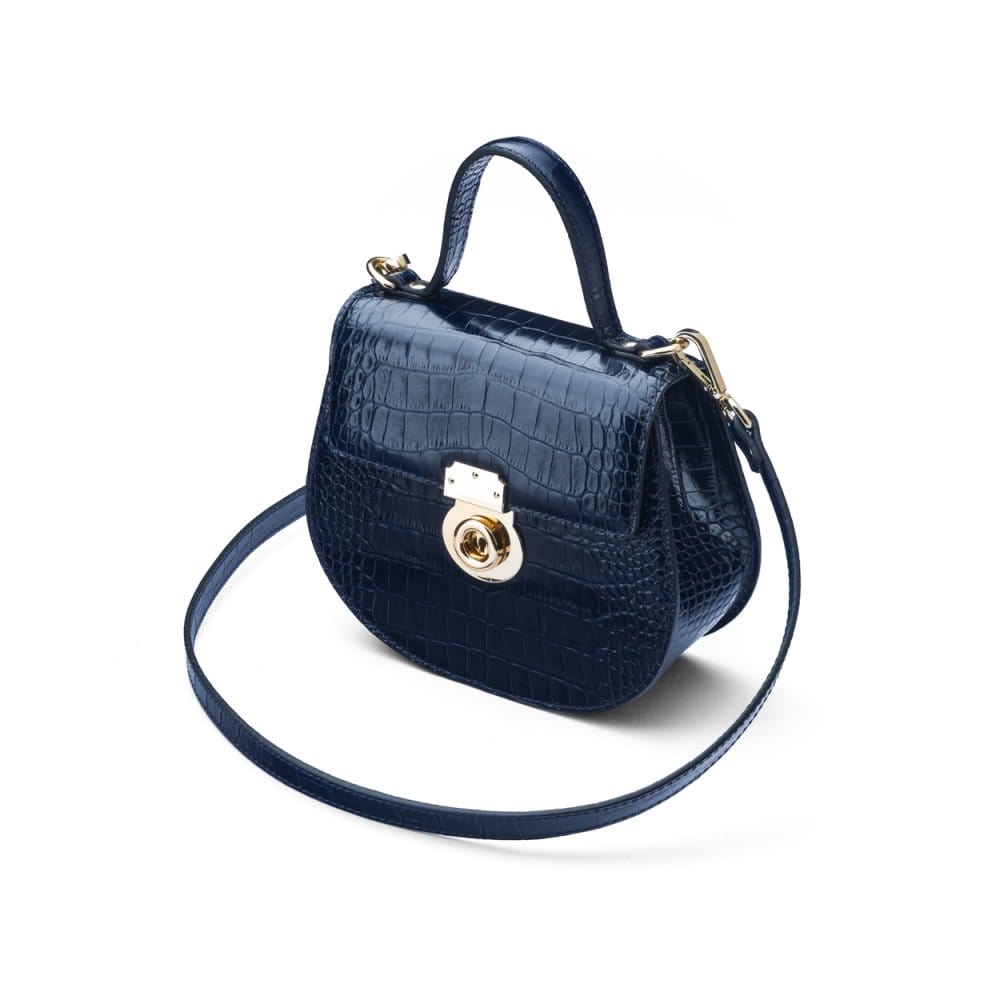 Leather rounded bottom top handle bag, navy croc, side