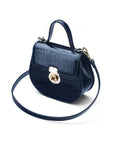 Leather rounded bottom top handle bag, navy croc, side