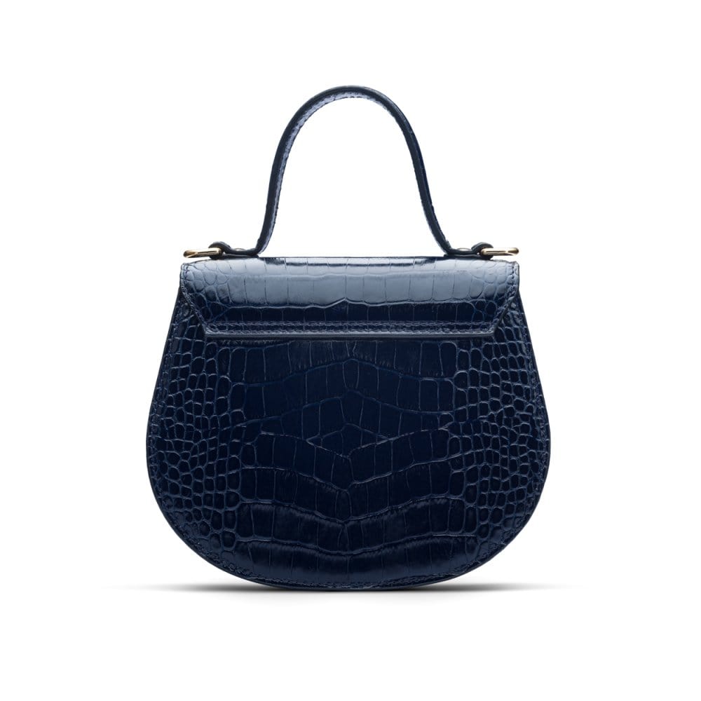 Leather rounded bottom top handle bag, navy croc, back