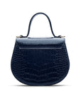 Leather rounded bottom top handle bag, navy croc, back