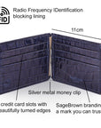 Leather money clip wallet, navy croc, features