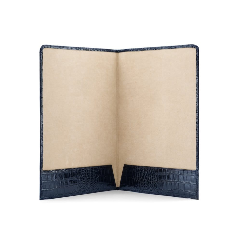 Simple leather document folder, navy croc, open