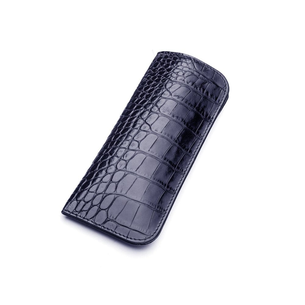 Small leather glasses case, navy croc, front