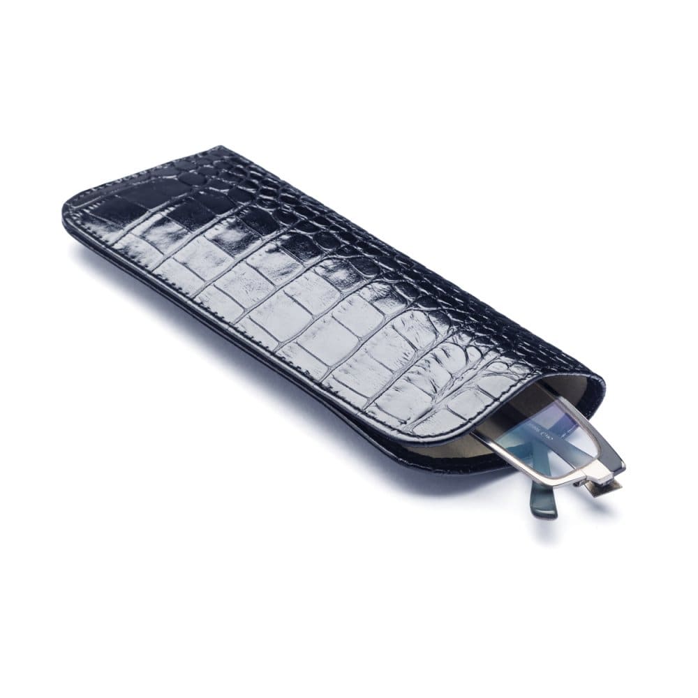 Small leather glasses case, navy croc, open