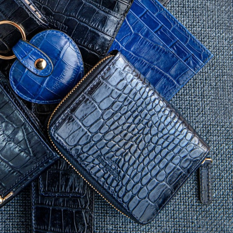 Small leather zip around accordion coin purse, navy croc, lifestyle