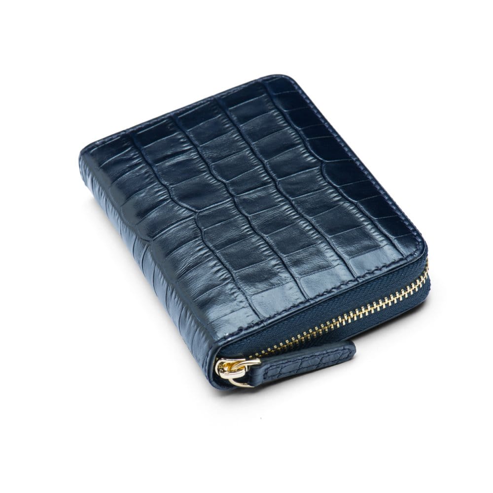 Small leather zip around accordion coin purse, navy croc, front