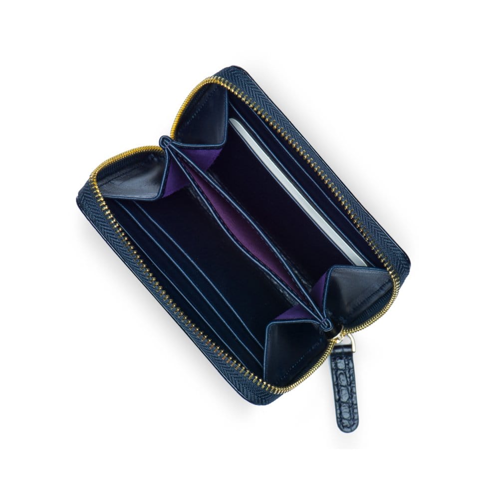 Small leather zip around accordion coin purse, navy croc, interior