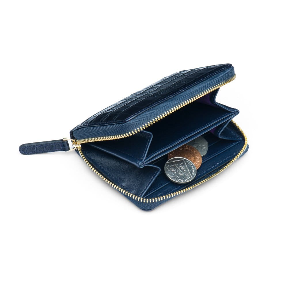 Small leather zip around accordion coin purse, navy croc, open