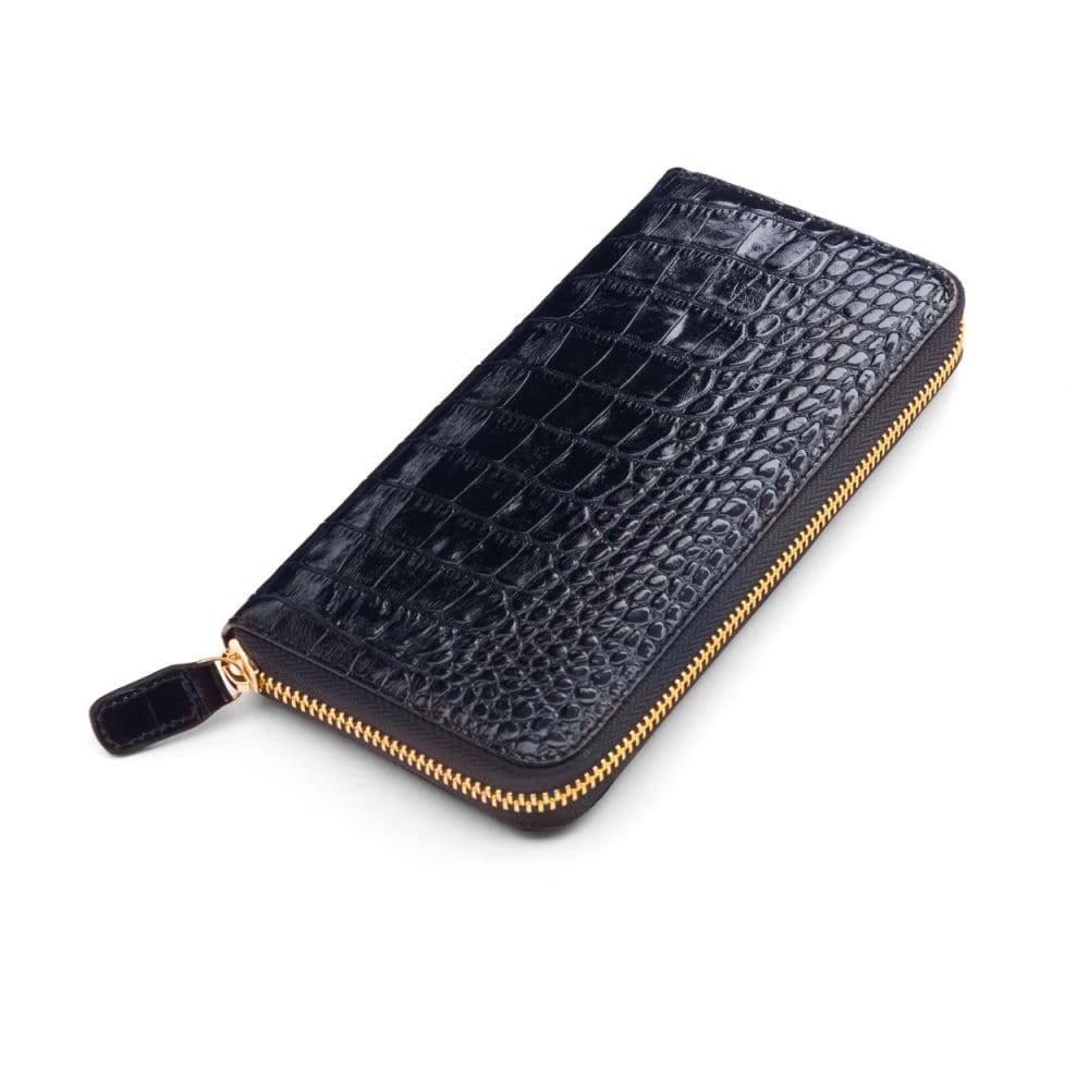 Tall leather zip around accordion purse, navy croc, front