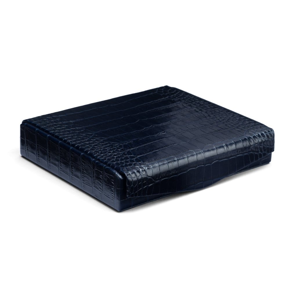 Large leather accessory box, navy croc, front