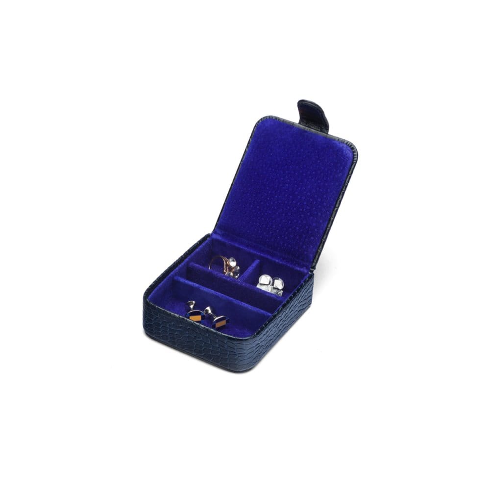 Leather accessory box, navy croc, open
