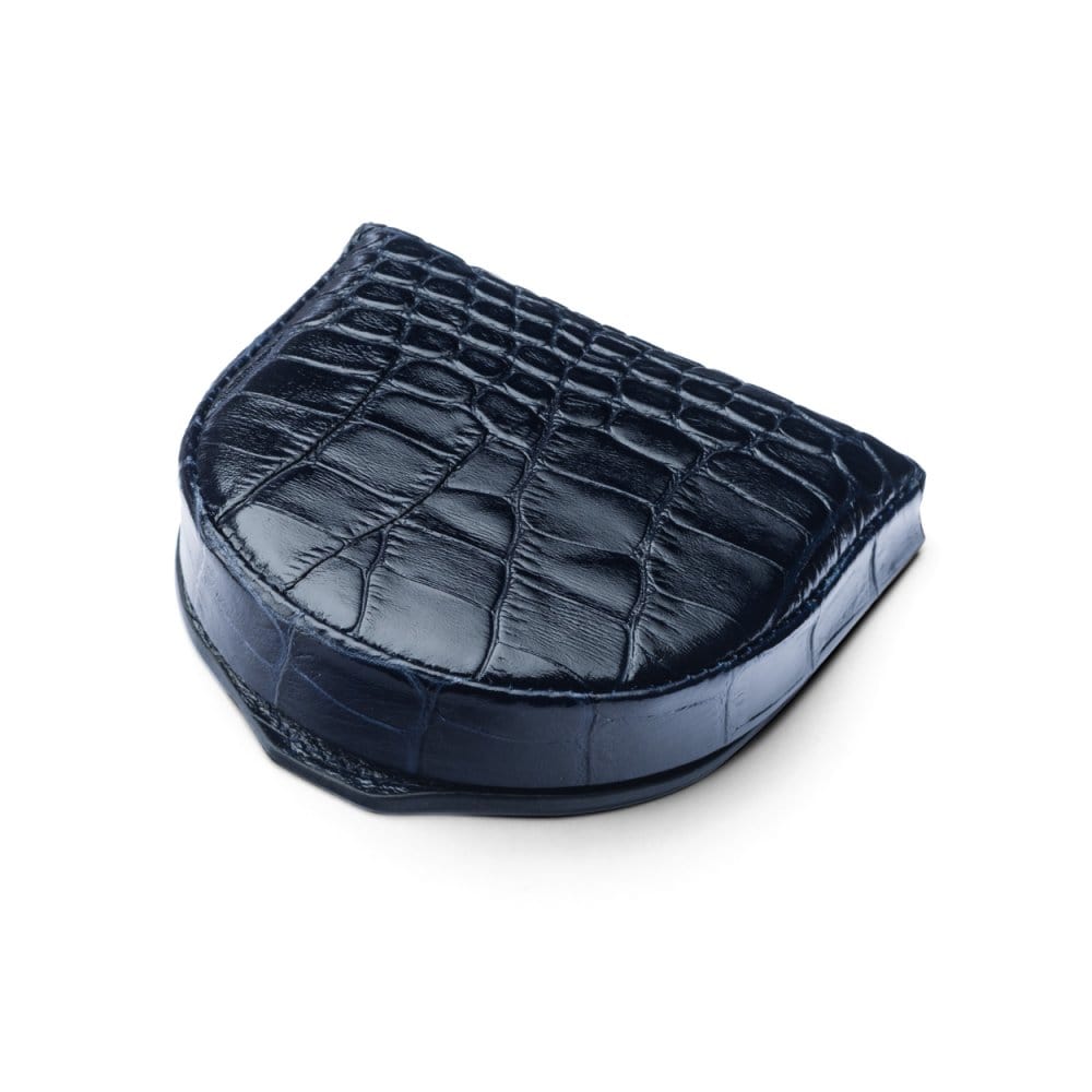 Leather horseshoe coin purse, navy croc, front