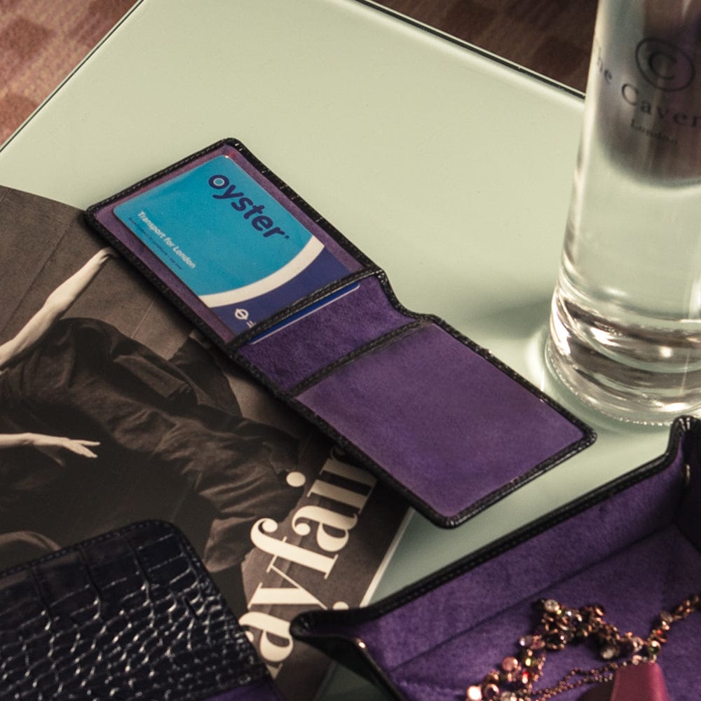 Leather Oyster card holder, navy croc, lifestyle