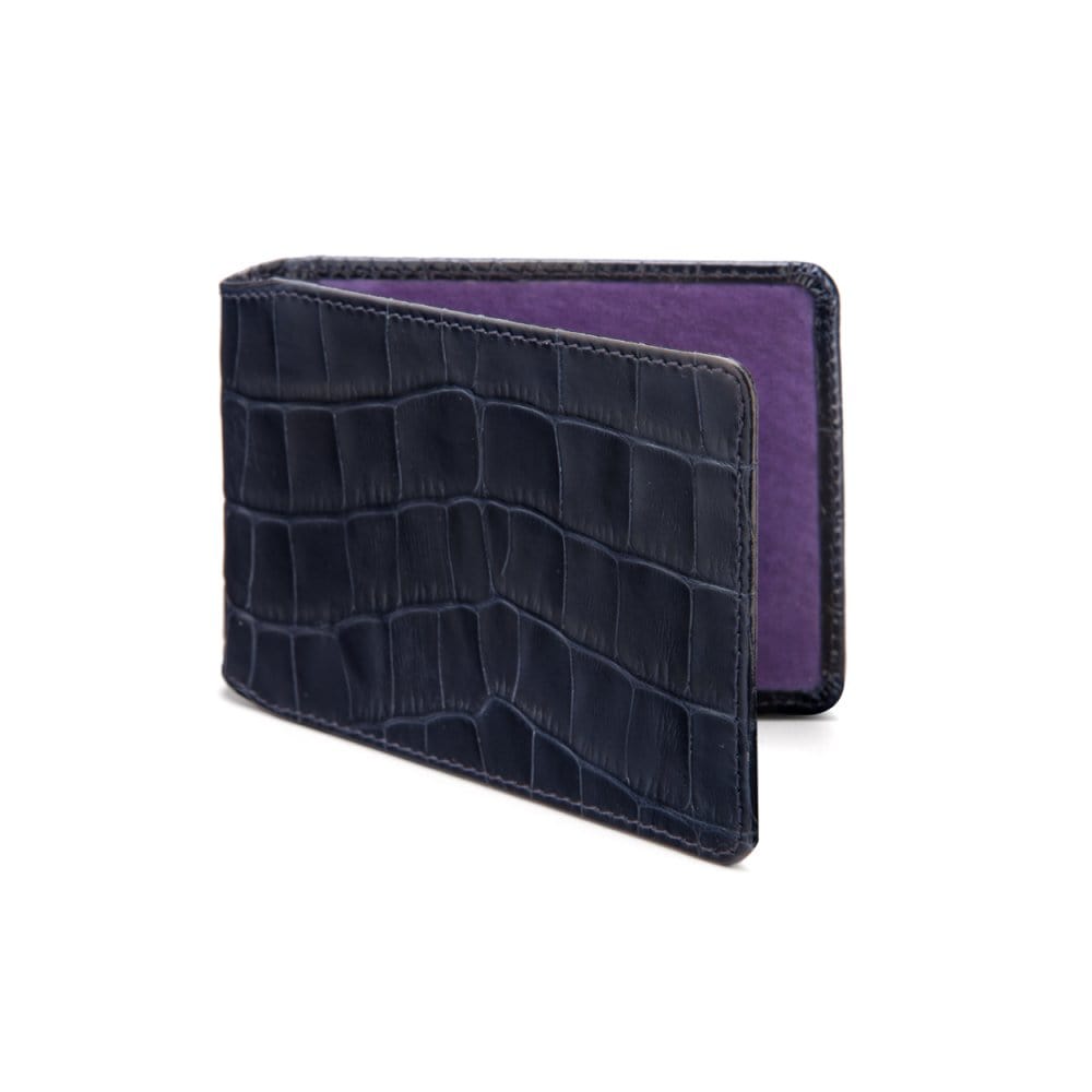 Leather Oyster card holder, navy croc, front