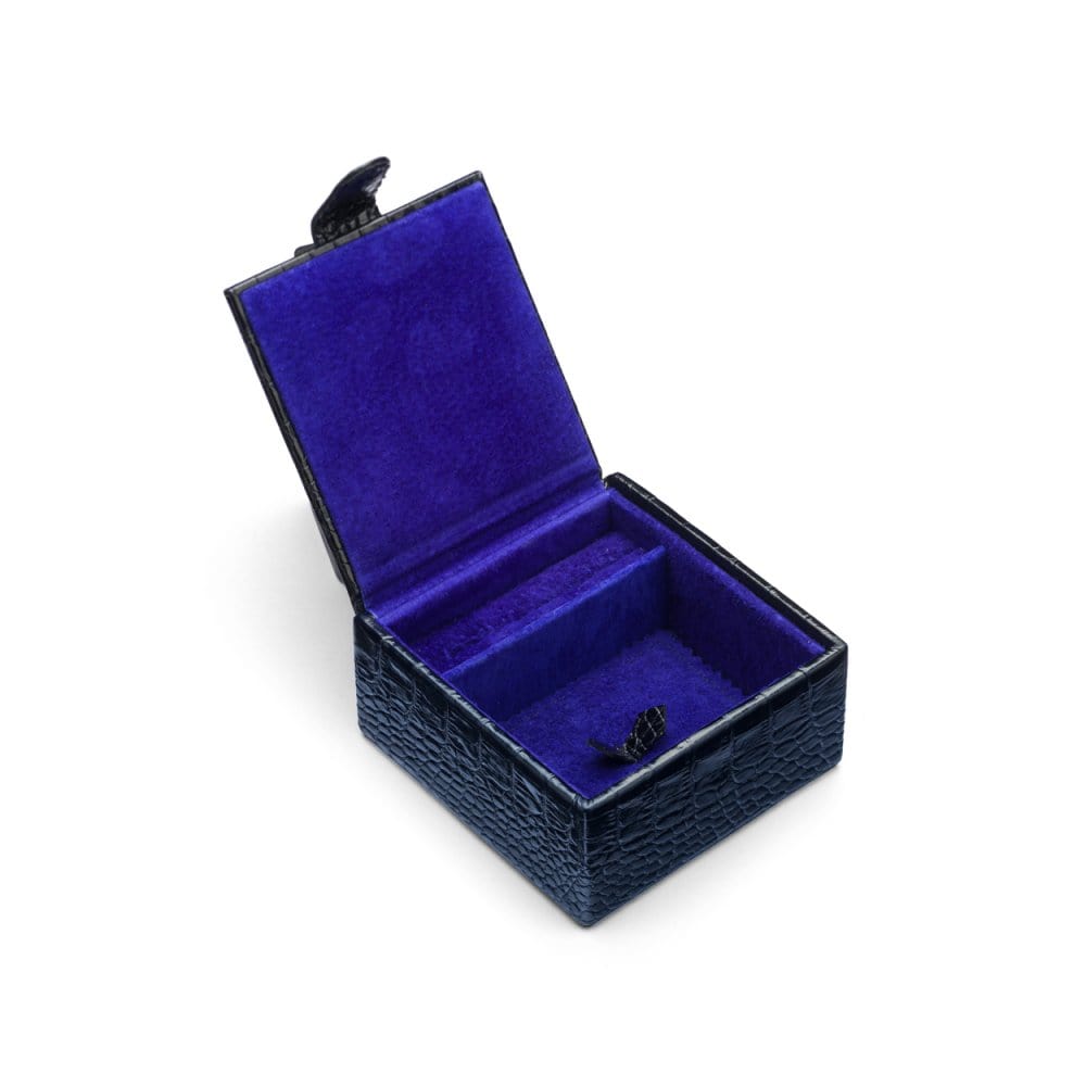 Compact leather jewellery box, navy croc, inside