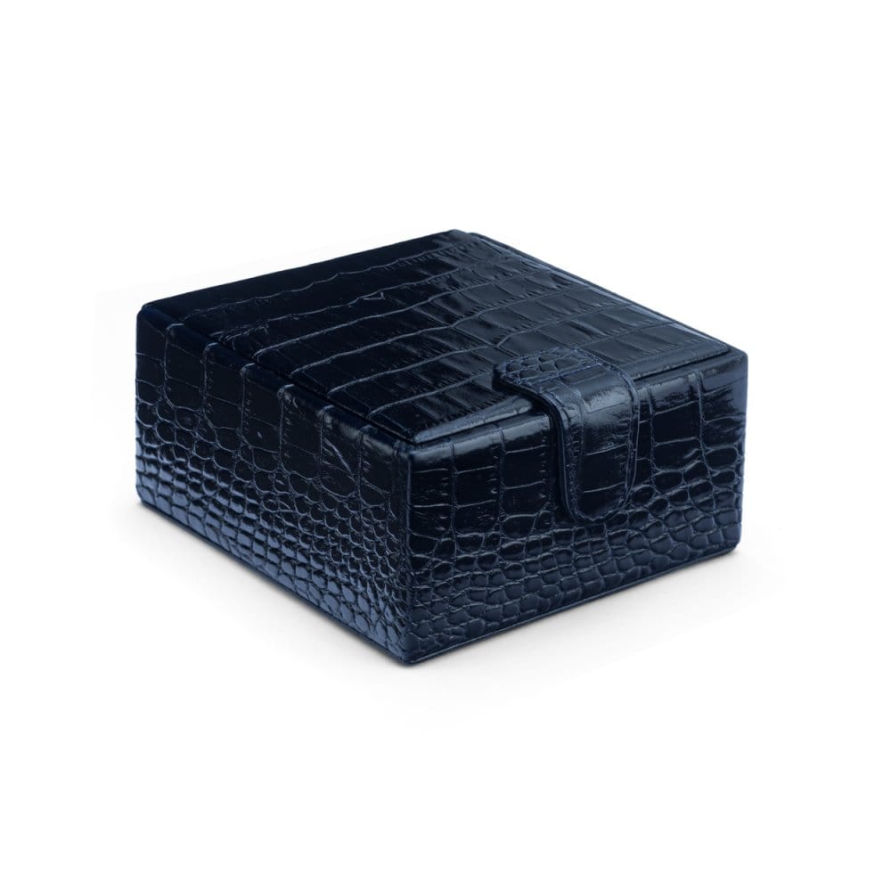 Compact leather jewellery box, navy croc, front