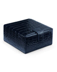 Compact leather jewellery box, navy croc, front