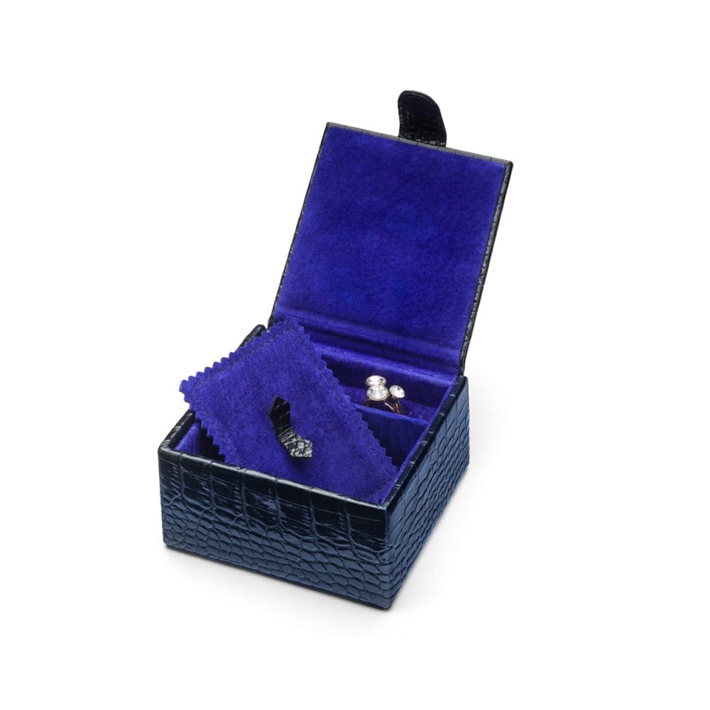 Compact leather jewellery box, navy croc, open