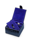 Compact leather jewellery box, navy croc, open