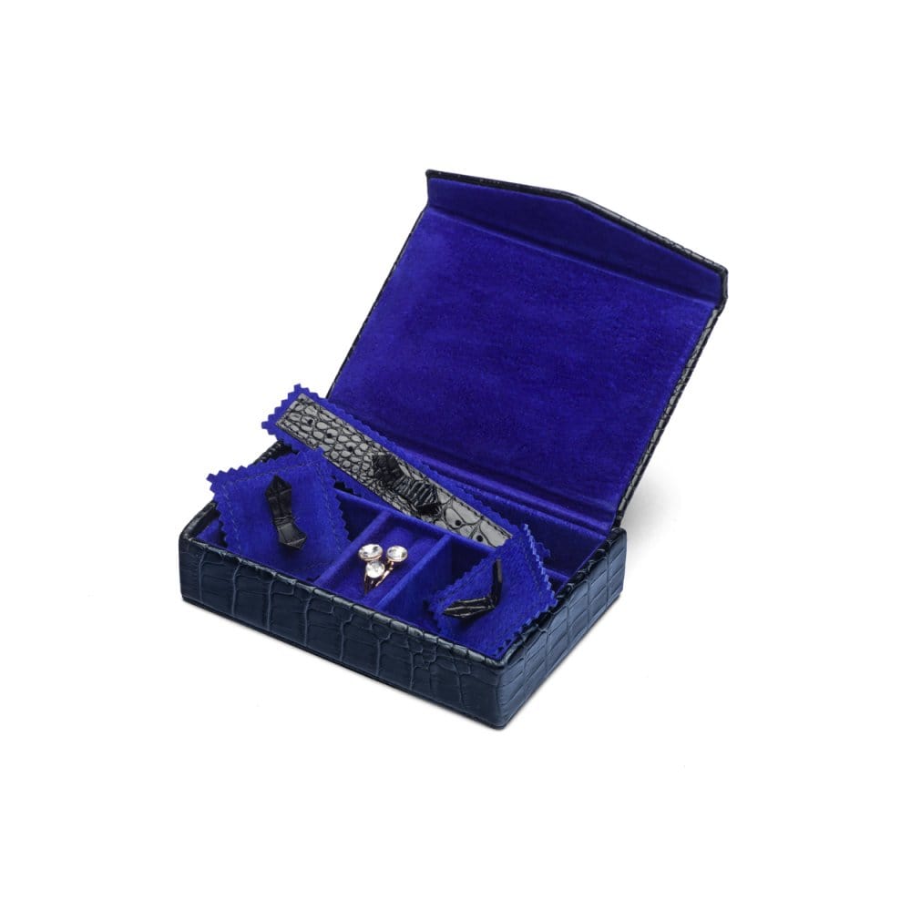 Luxury leather jewellery box, navy croc, open