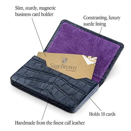 Leather business card holder with magnetic closure, navy croc, features