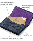 Leather business card holder with magnetic closure, navy croc, features