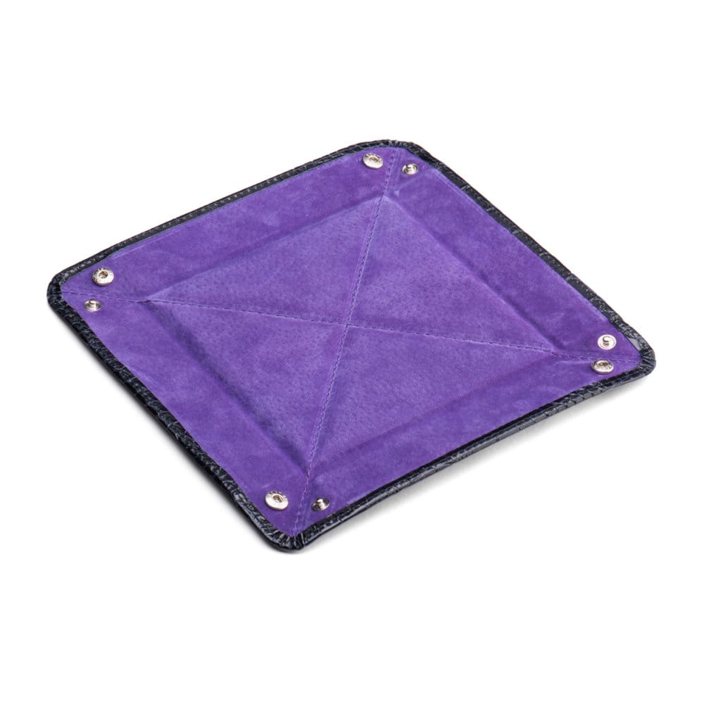 Leather valet tray, navy croc with purple, flat