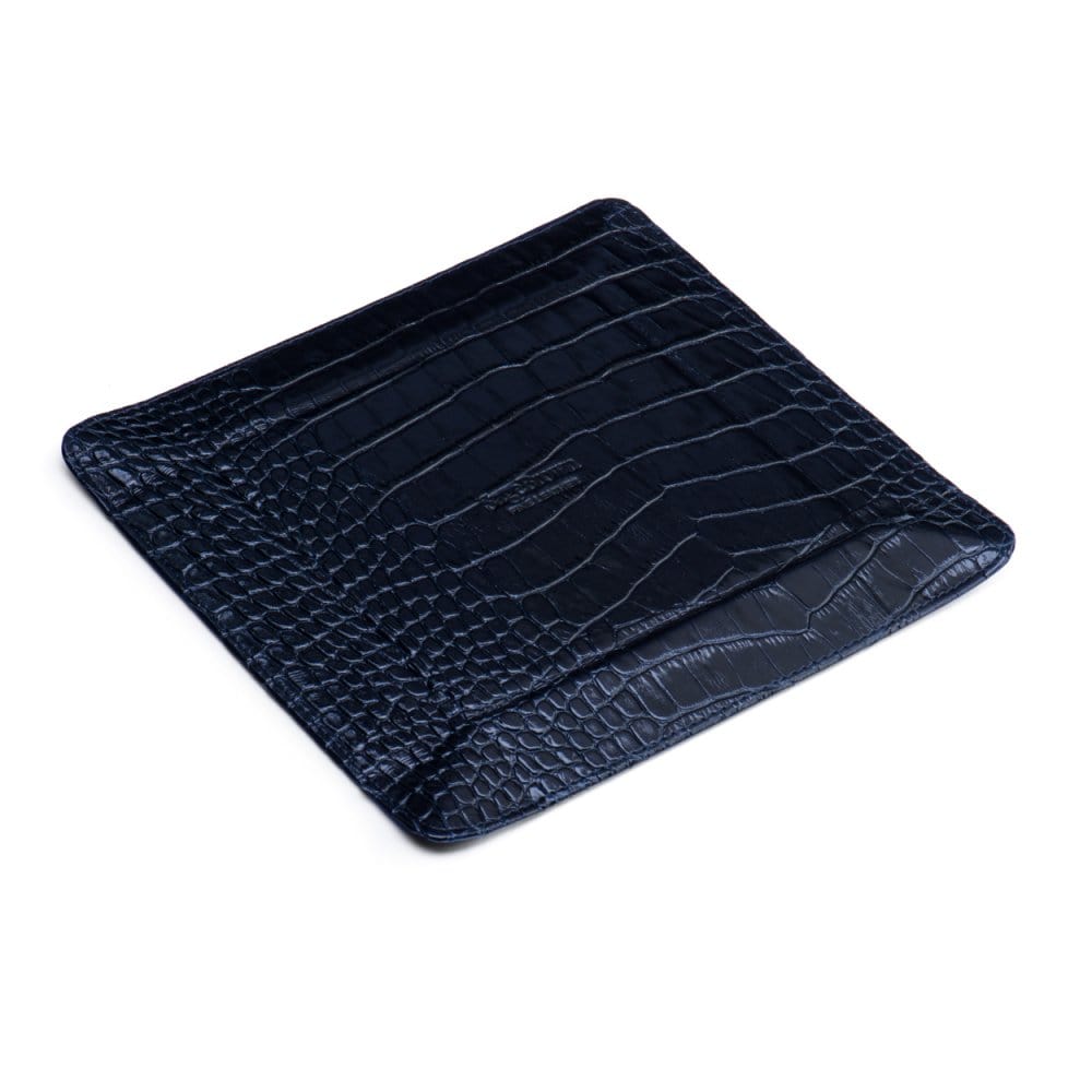 Leather valet tray, navy croc with purple, flat base