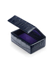 Mini leather accessory box, navy croc, open