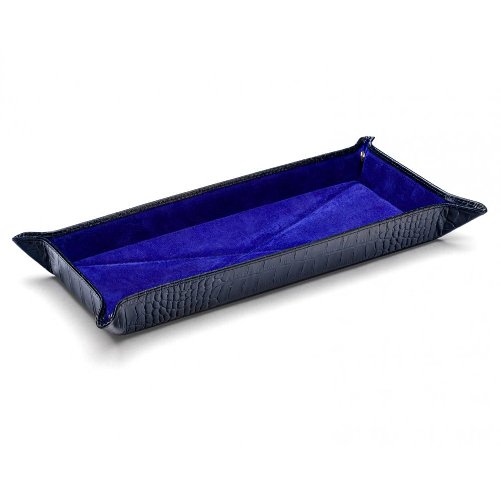Rectangular leather valet tray, navy croc with purple
