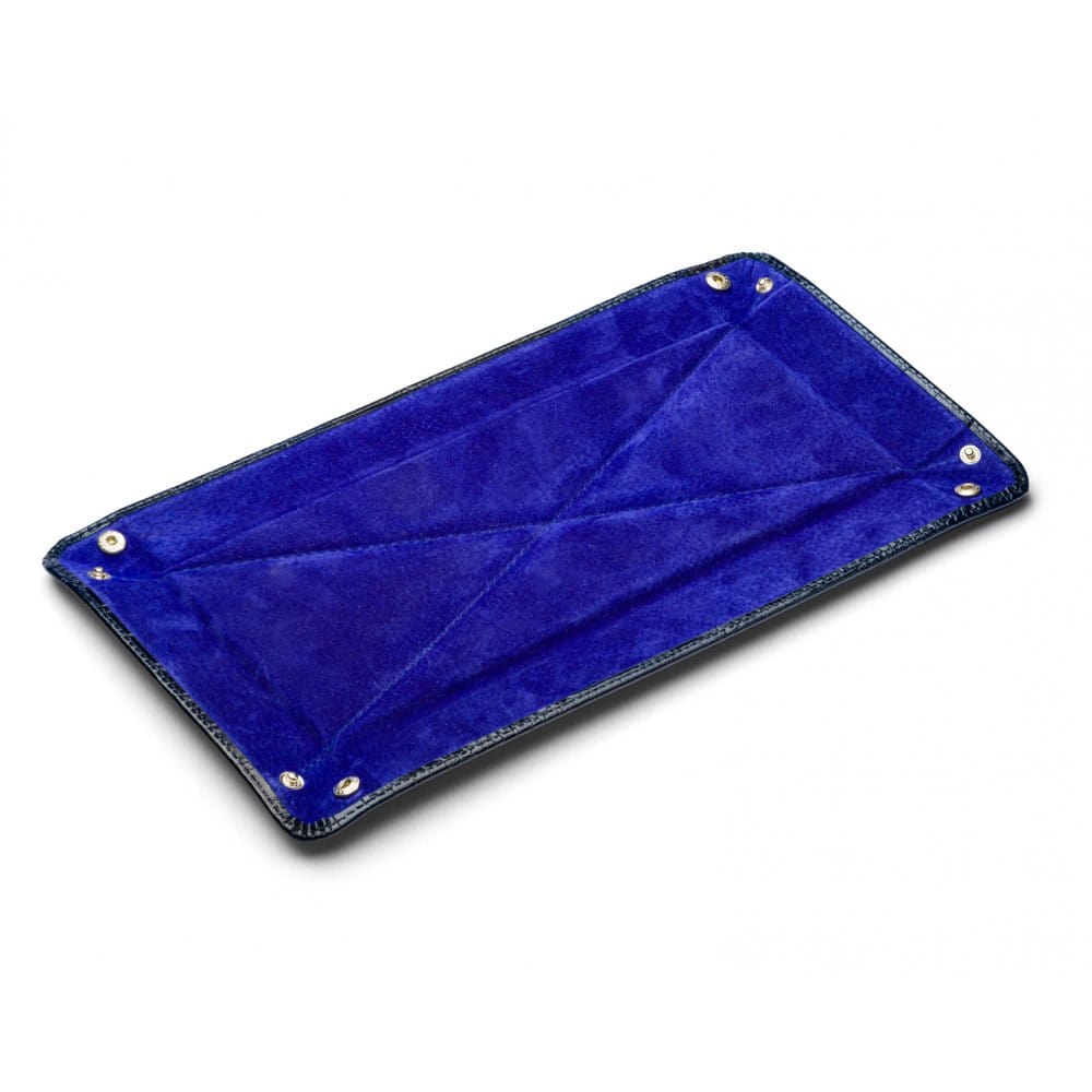 Rectangular leather valet tray, navy croc with purple, flat