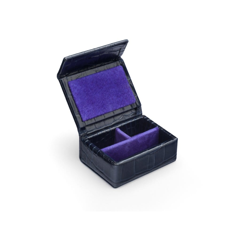 Small leather accessory box, navy croc with purple, inside