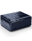 Small leather accessory box, navy croc with purple, front