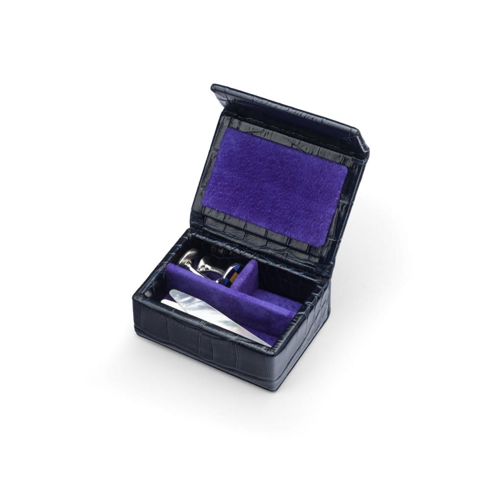 Small leather accessory box, navy croc with purple, open