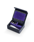 Small leather accessory box, navy croc with purple, open