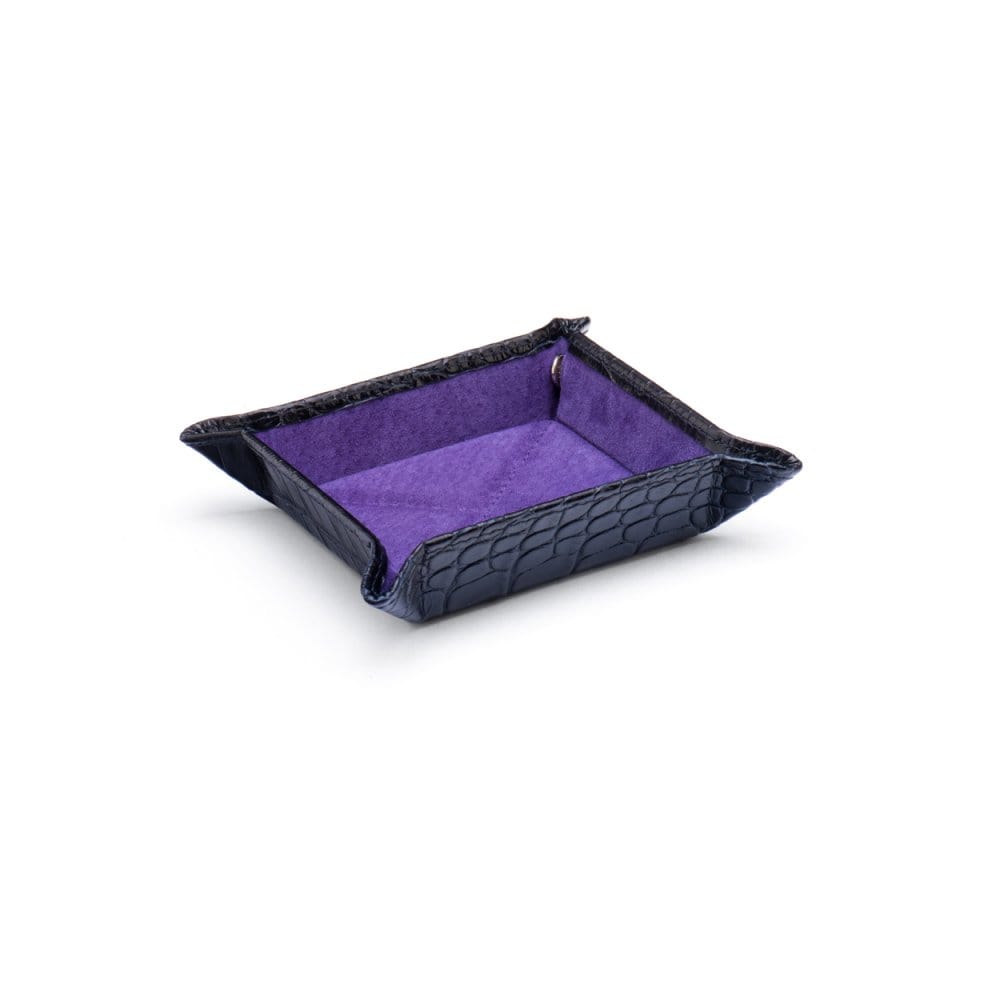 Small leather valet tray, navy croc with purple, front