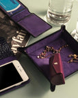 Small leather valet tray, navy croc with purple, lifestyle