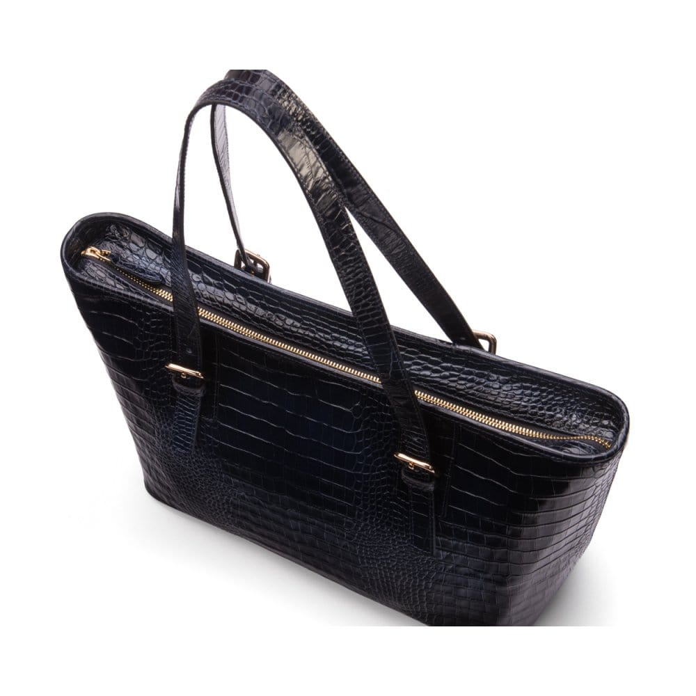 Women's leather 13" laptop workbag, navy croc, zip closure