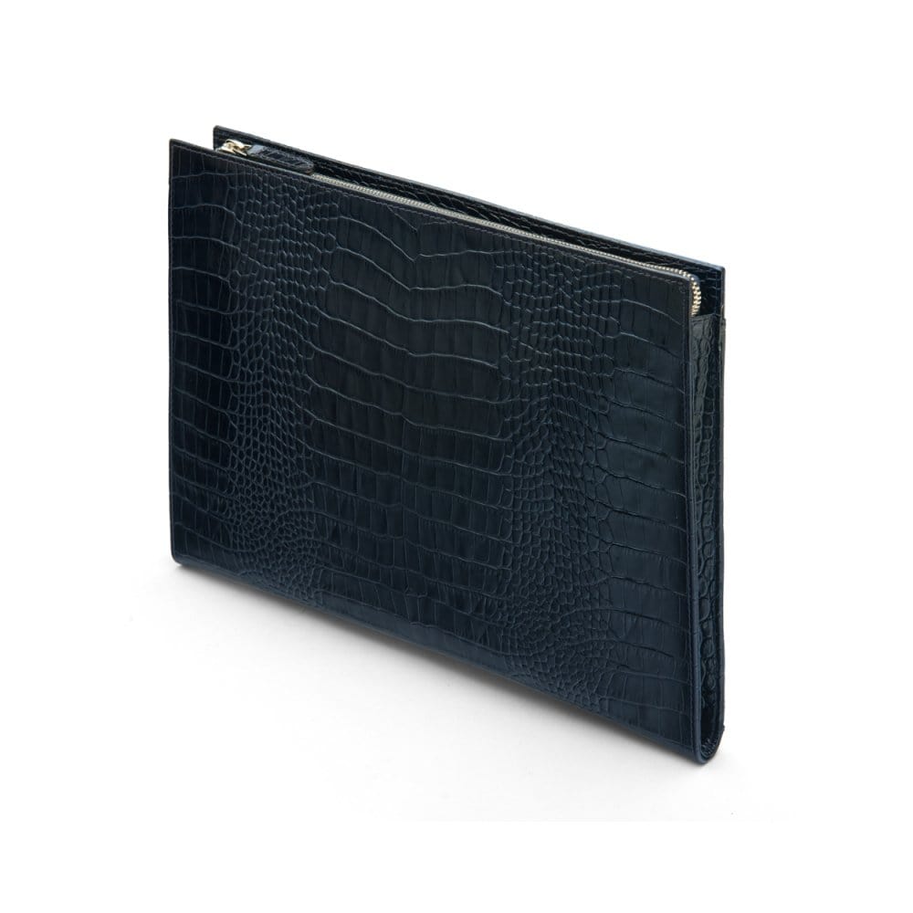 Zip top leather folder, navy croc, back view