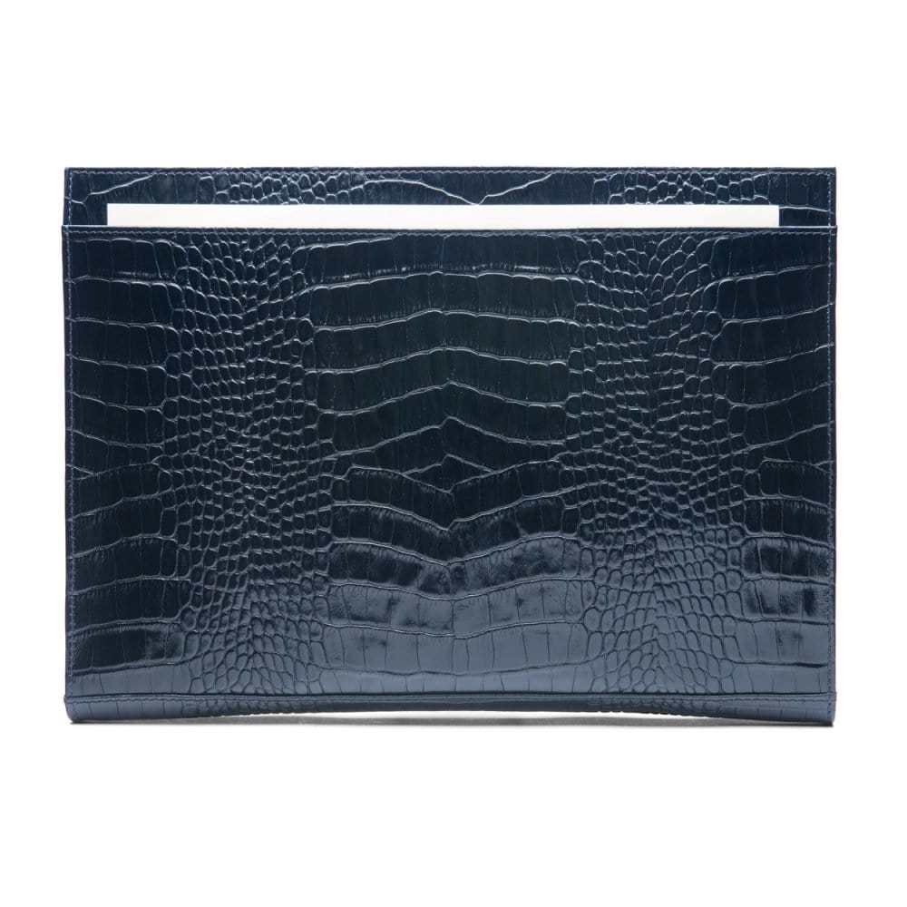 Zip top leather folder, navy croc, front view
